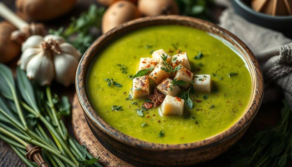 Bärlauchsuppe mit Tofu und Gewürzen